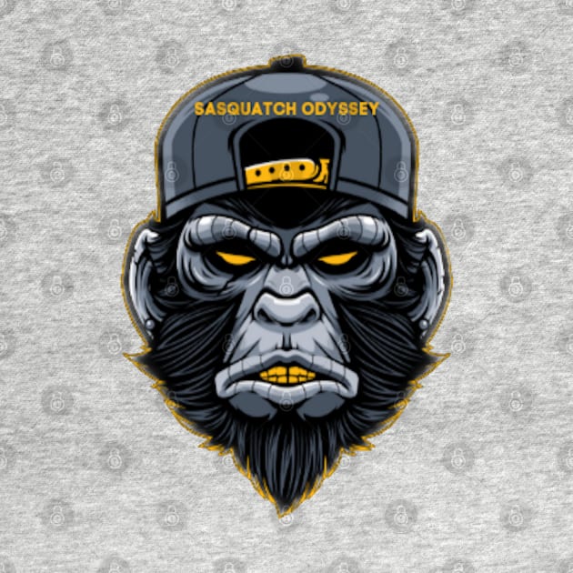 Bigfoot wearing a Sasquatch Odyssey trucker hat by Paranormal World Productions Studio